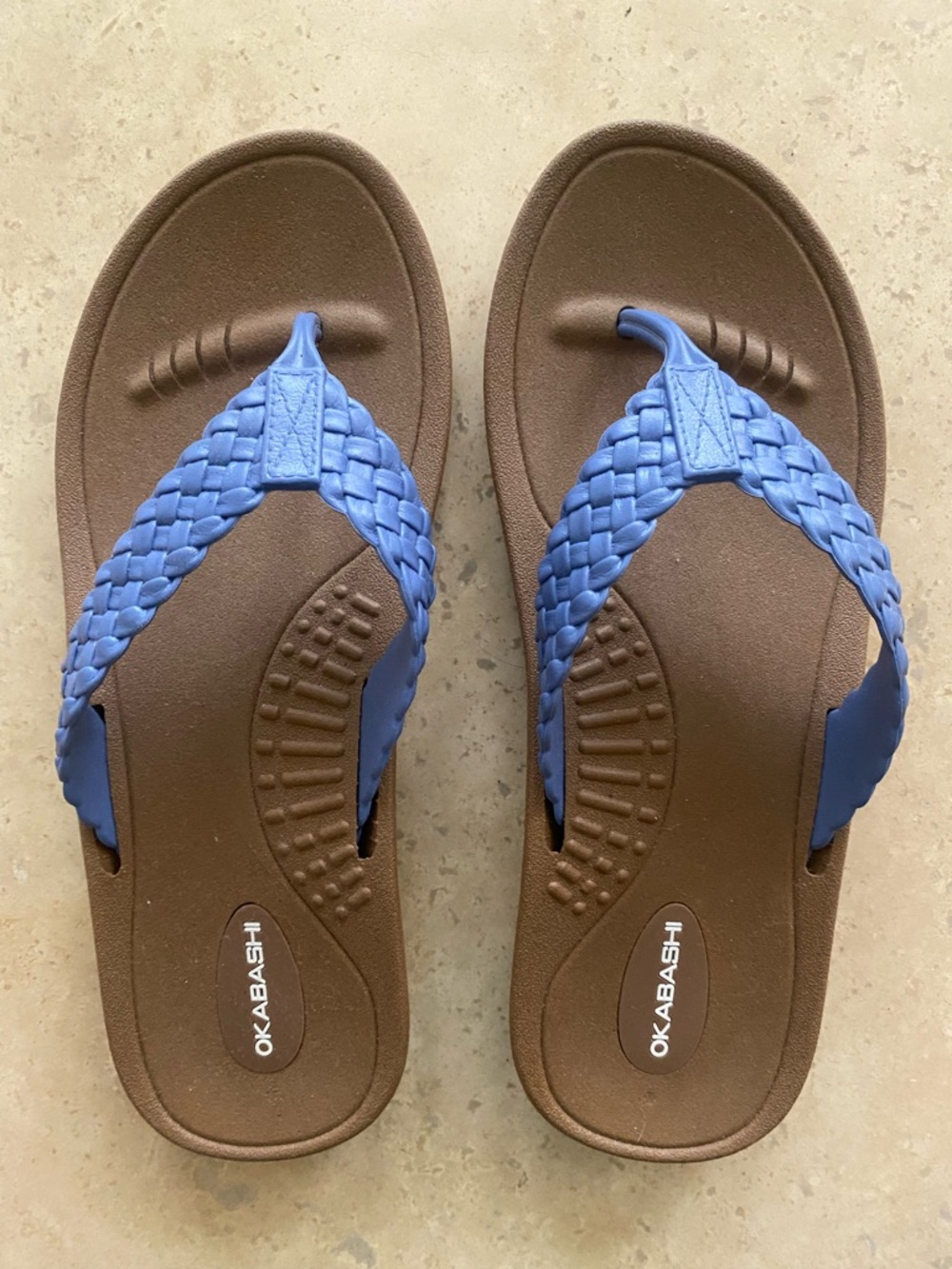 Okabashi Denim Blue Flip Flops with brown footbed